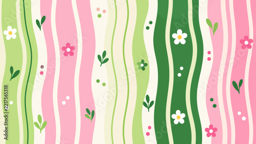 Pastel Pink and Green Wavy Floral Stripes Pattern, Cute Spring Daisy Flowers Seamless Background, Vector Illustration