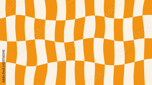 Groovy Orange Wavy Checkerboard Pattern, Retro 70s Distorted Check Seamless Background on Cream, Vector Illustration