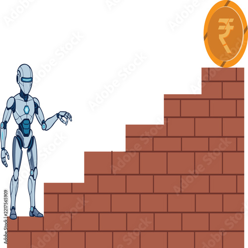 Robot Presenting Rupee Currency Brick Stairs Vector Illustration for Robotic Rupee Growth, Financial Strategy, and Regional Market Architecture Concept