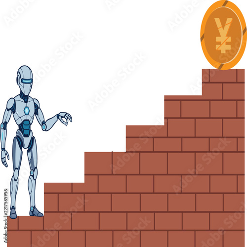 Robot Presenting Yen Currency Brick Stairs Vector Illustration for Robotic Yen Growth, Financial Strategy, and Asian Market Architecture Concept   