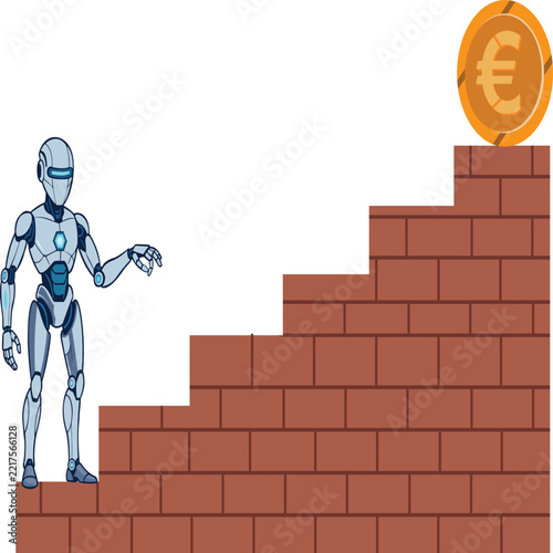 Robot Presenting Euro Currency Brick Stairs Vector Illustration for Robotic Euro Growth, Financial Strategy, and European Market Architecture Concept   