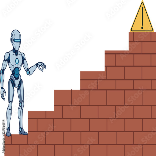 Robot Presenting Warning Sign Brick Stairs Vector Illustration for Robotic Risk Alert Strategy, Safety Hazard Goal, and Warning Architecture Concept   