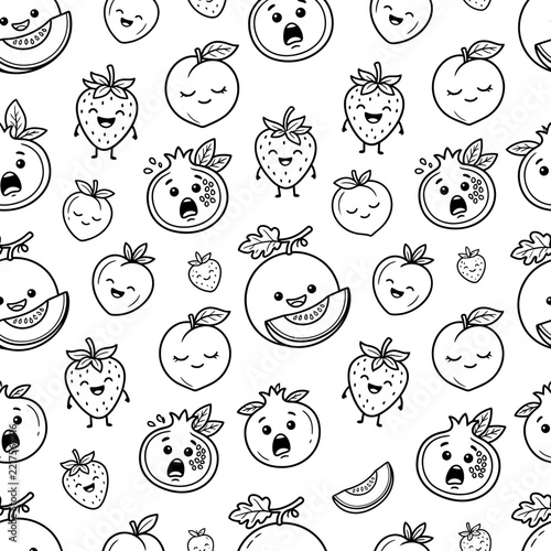 Cute Kawaii Fruit Characters Seamless Pattern, Vector Doodle Illustration