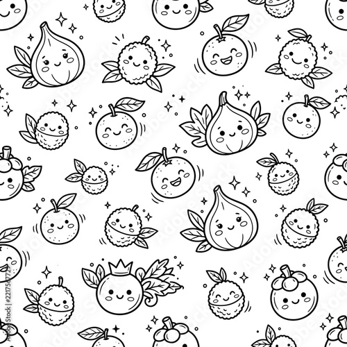 Cute Kawaii Fruit Pattern, Doodle Style: Figs, Lychees, Oranges, Mangosteens