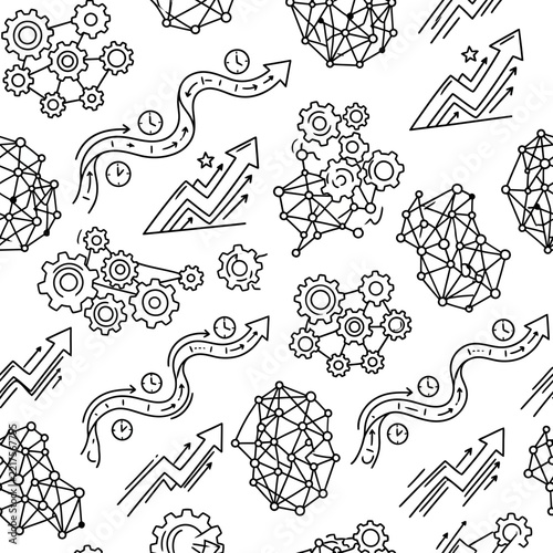 Abstract gears, network nodes, and growth charts seamless pattern, hand-drawn vector illustration