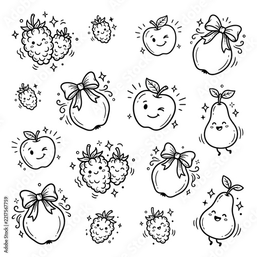Cute Kawaii Fruits: Apples, Pears, Raspberries - Hand-drawn Doodle Vector