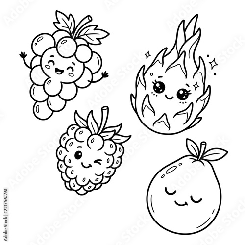 Cute Kawaii Fruits Characters: Grapes, Dragon Fruit, Raspberry, Guava - Line Art