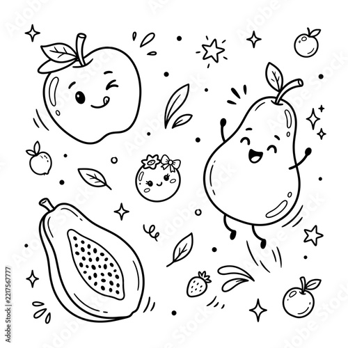 Cute Kawaii Fruits Characters Dancing and Celebrating, Hand-drawn Doodle Style