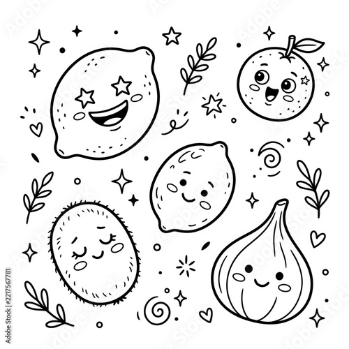 Cute Kawaii Fruits and Vegetable Characters with Happy Faces, Stars and Leaves