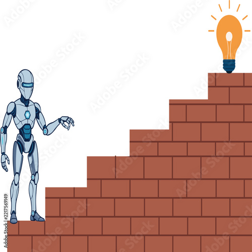 Robot Presenting Lightbulb Brick Stairs Vector Illustration for Robotic Innovation Strategy, Creative Solution Goal, and Technology Architecture Concept   