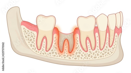 Medical illustration of a human jaw section showing a missing tooth and inflamed gum tissue area