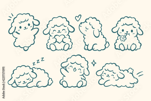 Cute lamb and sheep character collection in hand drawn line art style, featuring adorable playful, loving, sleeping and resting poses with hearts and flowers on a warm cream background.