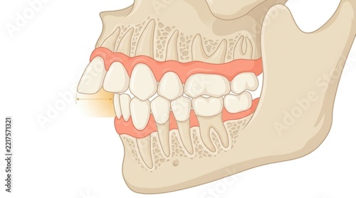 Medical illustration showing an overjet dental malocclusion in a human jaw profile view