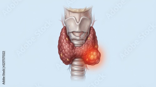 Medical illustration of a human thyroid gland showing a nodule or tumor on the left lobe section