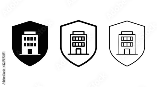 Vector illustration of set of building icons inside shields, representing corporate security and property protection on a transparent background