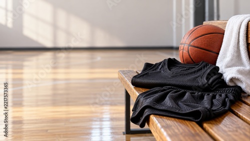 Basketball Uniform Ball and White Towel on a Wooden Courtside Bench