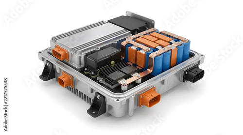 EV battery module with blue cylindrical cells, copper busbars and electronic control components for advanced electric mobility technology