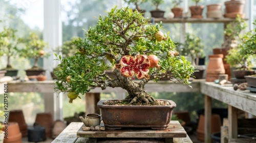 Exquisite Pomegranate Bonsai Tree with Ripe Fruit in Greenhouse Setting.