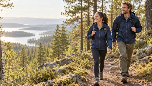 Two Hikers in Navy Jackets Walking on a Pine Hillside Trail above a Lake