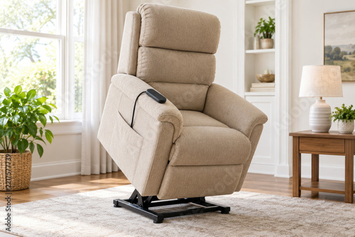 Power lift recliner chair in raised position in living room - senior mobility aid and aging in place concept