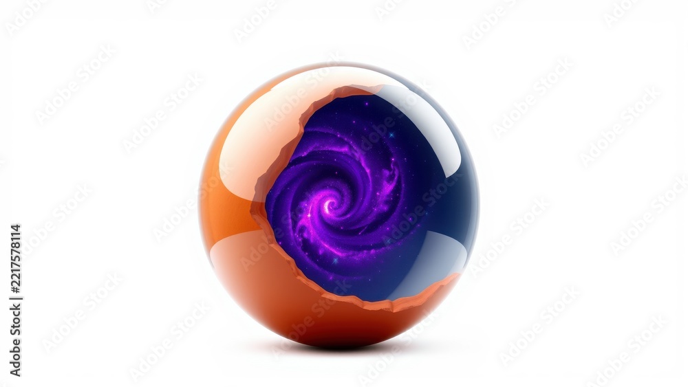 Fototapeta premium Shiny sphere contains swirling purple galaxy. Reflective surface creates subtle shadow, contrasting dark background. Beautiful cosmic object.