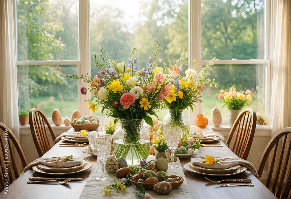 Fototapeta premium Easter brunch table setting, spring holiday celebration with fresh wildflower bouquets and decorative eggs in a bright dining room with garden view