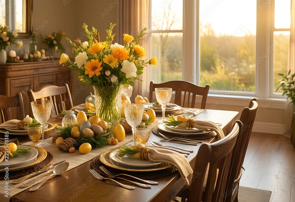 Fototapeta premium Easter brunch table setting, spring holiday celebration with floral centerpiece and decorative eggs in a sunlit dining room for family gathering