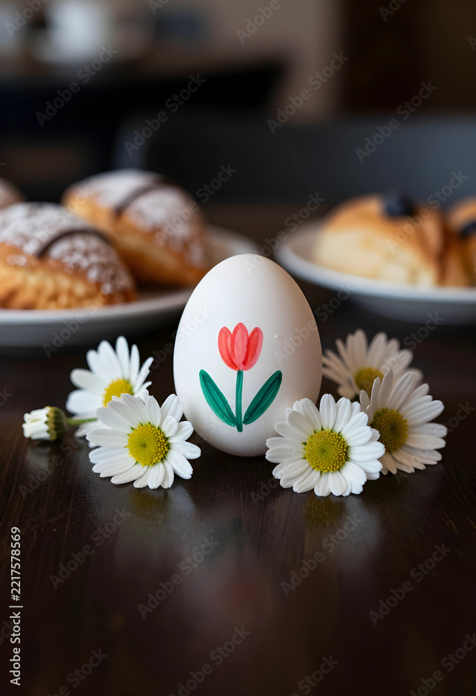 Fototapeta premium Easter celebration and spring holiday concept, painted egg with tulip flower design surrounded by fresh daisy blossoms on a rustic wooden table surface