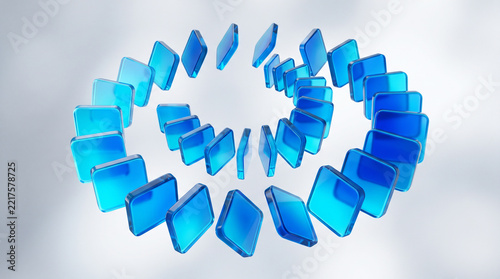Abstract spiral of blue glass tiles floating in motion on a clean
