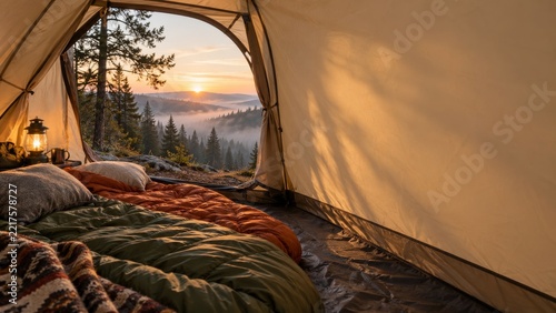 Open Camping Tent with Sleeping Bags Pillows and Lantern in a Misty Forest