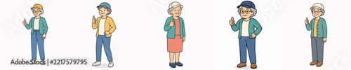 Set of vector illustrations of a grandmother standing and giving a thumbs-up.