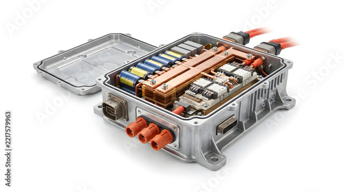 Open Electric Vehicle Battery Module Showing Internal Cells, Copper Busbars, Cooling Plate and High Voltage Connections for EV Engineering