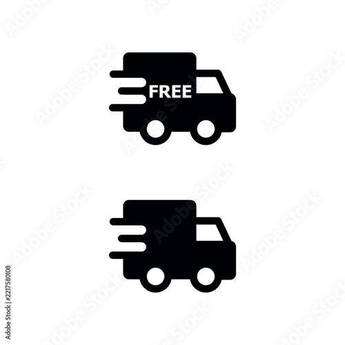 Free shipping delivery truck icon set. Vector delivery van icons with free text label isolated on white background for logistics, e-commerce, and shipping service design