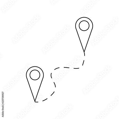 Map pin route vector icon. Dashed line path between two location pointers isolated on white background. Navigation, travel route, and location tracking concept