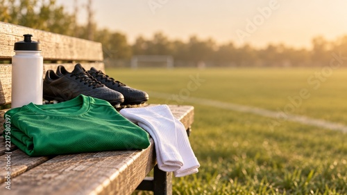 Green Soccer Jersey Socks Cleats and Water Bottle on a Pitchside Bench