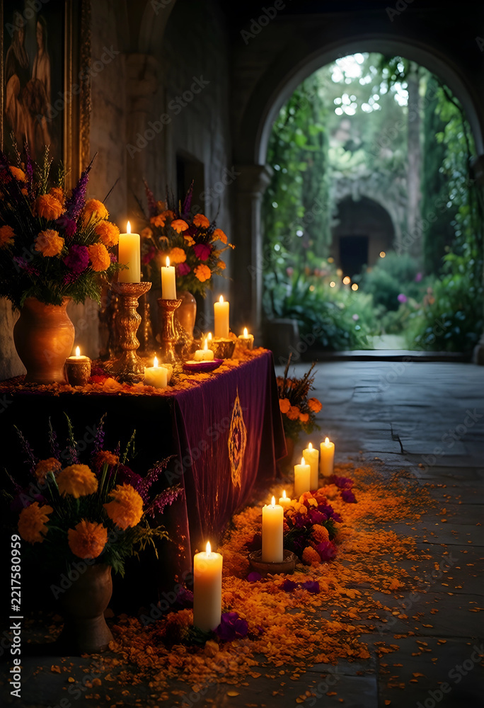 Fototapeta premium Dia de los muertos altar with marigold flowers and candles, traditional mexican celebration of life and death in a stone courtyard with floral decor