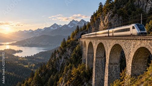 Scenic passenger railway crossing a stone viaduct above blue water