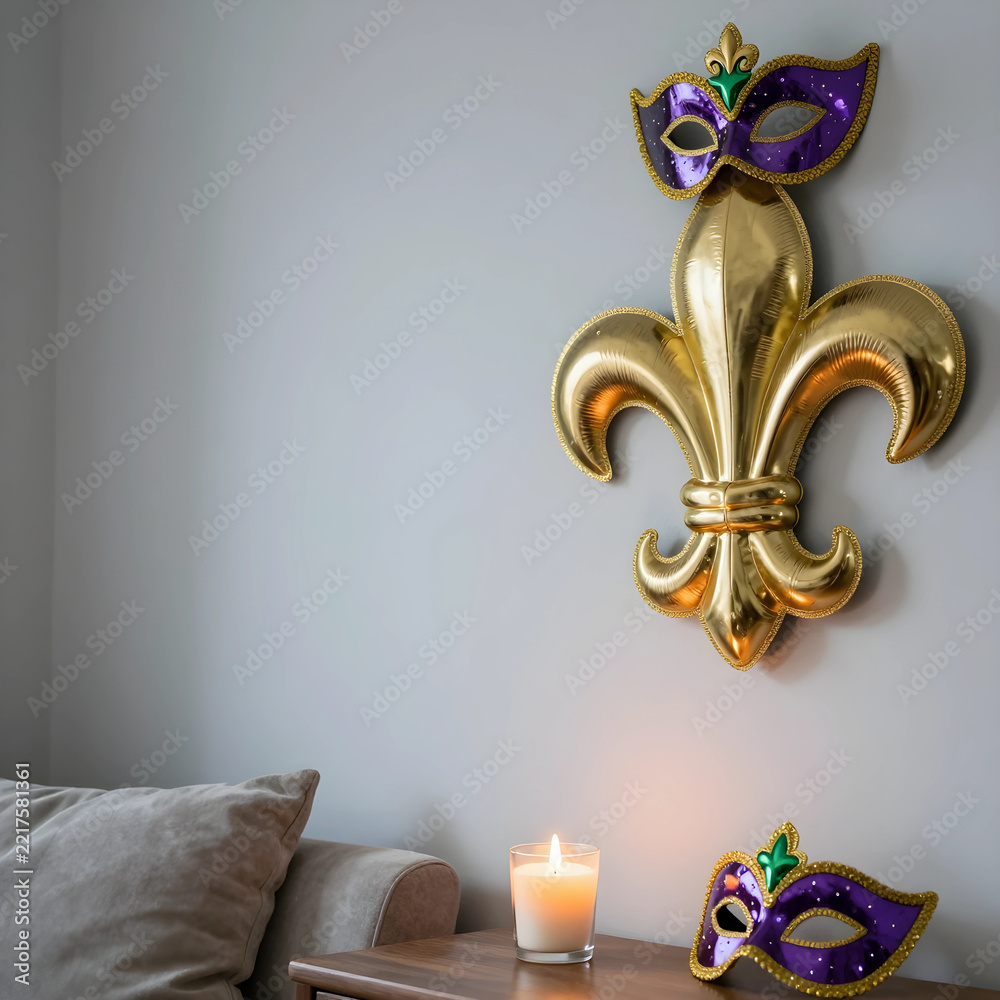 Fototapeta premium Mardi Gras celebration and festive party decor, gold fleur de lis balloon and purple masquerade masks with a lit candle for holiday home interior