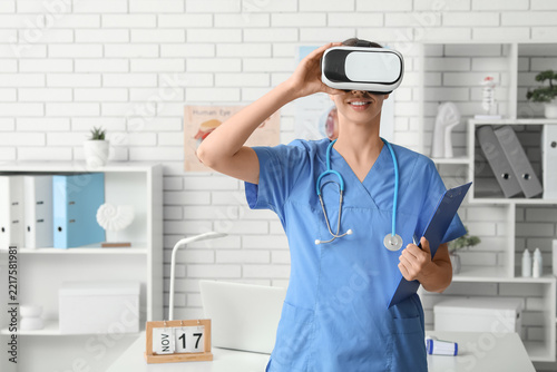 Medical training and healthcare innovation, nurse using virtual reality heads...