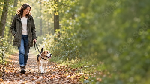 Woman Walking a Beagle on a Leaf Covered Woodland Trail in Morning Light
