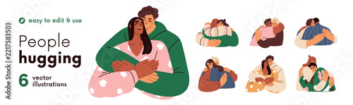 Hug and support. Love couple, friends and happy family. Man and woman hug. People together, characters care, support and help. Couples, friends together. Persons embrace, trust, peace and sympathy