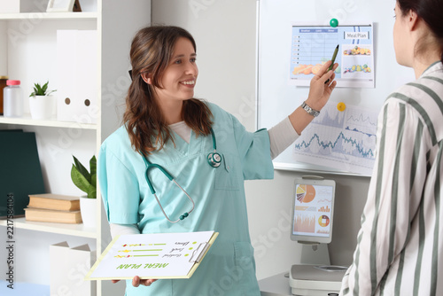Nutrition counseling and healthy diet planning, nutritionist explaining meal ...