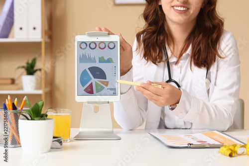 Healthcare data analysis, doctor presenting medical statistics and patient he...