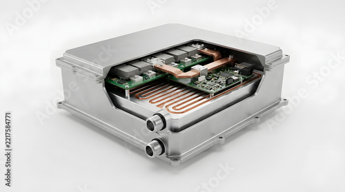EV thermal management module with exposed copper cooling channels and electronic control components inside a precision aluminum enclosure