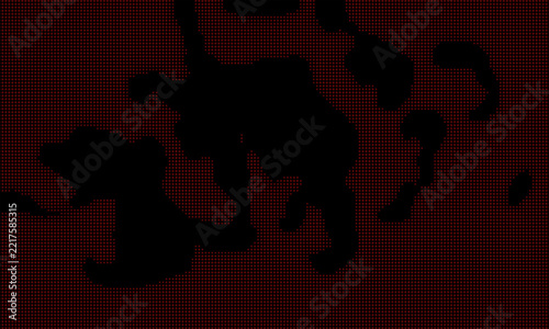 Dark Red Halftone Dots with Black Abstract Shapes
