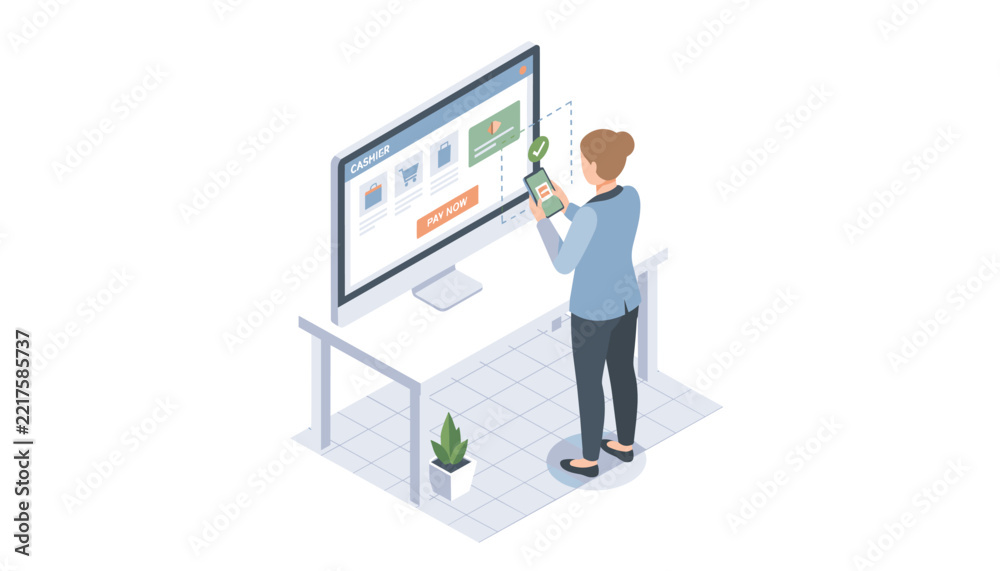 Obraz premium Person using a mobile app on their smartphone to complete an online purchase on a large desktop computer screen in a secure cashier window.