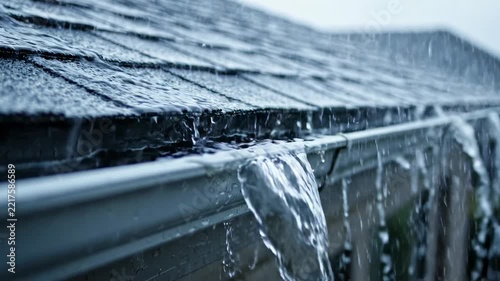 Heavy rain overflowing roof gutter, water cascading down, showing house roof damage risk