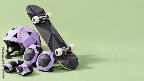 Folded Paper Skateboard with Lilac Helmet and Protective Skating Gear