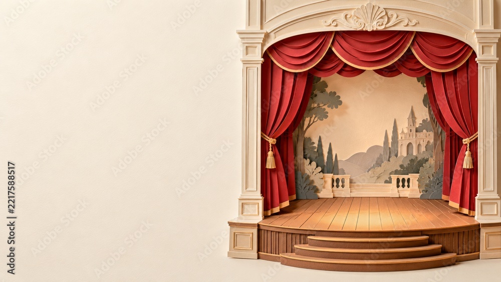 Naklejka premium Miniature classical theater with red curtains and a layered castle backdrop