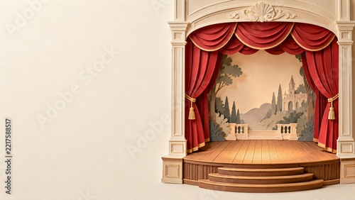 Miniature classical theater with red curtains and a layered castle backdrop